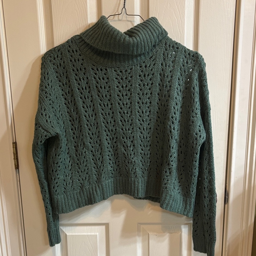 Like New, Turtleneck Pointelle Knit Sweater - Green